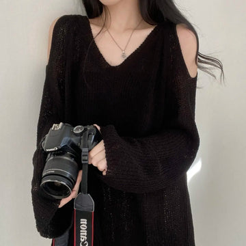 Getadme-High Street Knitted Sweater Women Korean Retro V-neck Off Shoulder Jumper Loose All-match Casual Sunscreen Elegant Tops